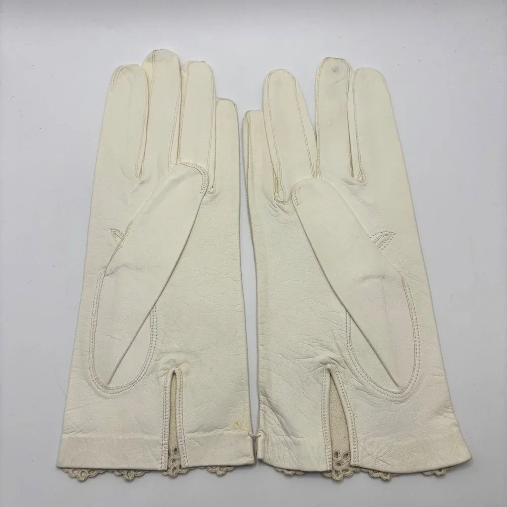 Vintage Guanti di Lusso Italian Capretto Leather‎ Gloves White Lace Trim Size 8